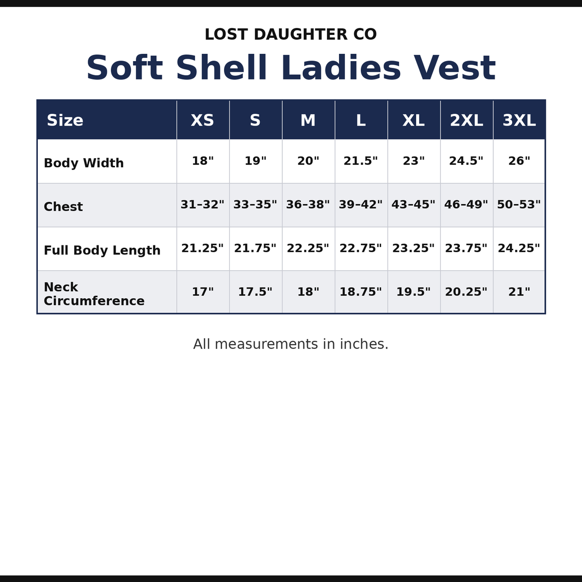 Soft Shell Ladies Vest size chart