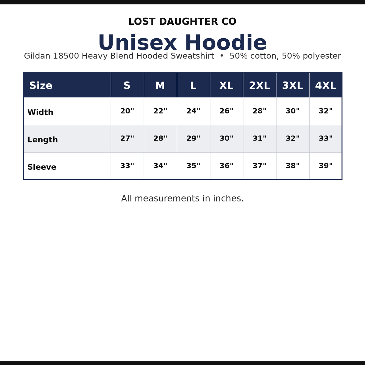 Unisex Hoodie size chart