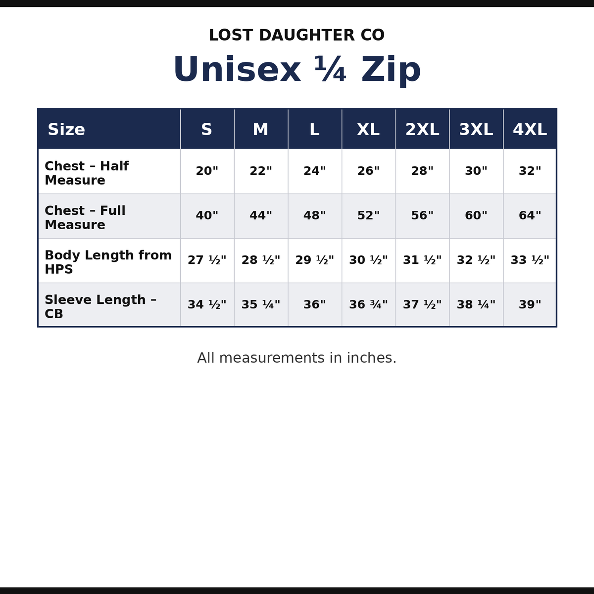 Unisex Quarter Zip size chart